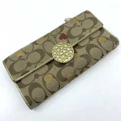 内側ジャンク　COACH　コーチ　二つ折り長財布　シグネチャー　メタル装飾　ハート　キャンバス×レザー