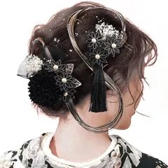 【OTAKUMARKET] 髪飾り 成人式 振袖 水引き 袴 着物 和装 卒業式 浴衣 花 結婚式 髪 飾り コーム 成人式髪飾り ヘアアクセサリー 銀箔 ピン 付き 4カラー (黒)