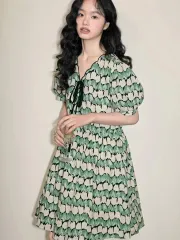 新品) KUOSE チューリップドレス リボン パフ ワンピース フラワーAラインフレア グリーン アイボリー