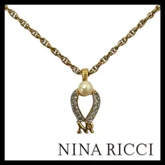 【NINA RICCI】NRロゴ ネックレス フェイクパール ラインストーン ゴールド/金カラー ペンダント ニナリッチ (MM-700)