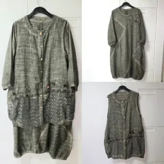 天然染料染め グラデーション 立体フラワー リネン ONE PIECE ベスト SET セットアップ F