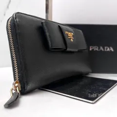 ◇美品◇プラダ　サフィアーノレザー長財布　ロゴ金具　リボンデザイン　ブラック