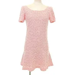 プロポーション ボディドレッシング PROPORTION BODY DRESSING 美品 ワンピース ひざ丈 裾フレア 半袖 ツイード 1 S相当 ピンク A0206 