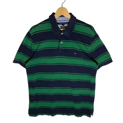 00's vintage 00年代 ヴィンテージ TOMMY HILFIGER CUSTOM FIT トミーヒルフィガー 半袖 ポロシャツ ボーダー ワンポイント刺繡 オーバーサイズ ビッグシルエット INDIA製 Lサイズ ネイビ ー グリーン