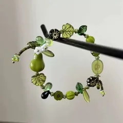天然植物ビーズブレスレット - グリーンパール＆ボタニカルビーズ付き   ■2971