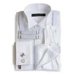 【新品】 ウイングカラーシャツ 立ち襟 フォーマル小物 6点セット ダブルカフス 新郎 父 モーニング タキシード 結婚式 披露宴 卒業式 始業式 チーフ（ホワイトプレーン） カフスボタン白 サスペンダー白 アームバンド白 1