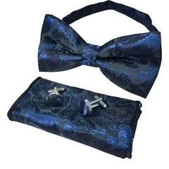 【新品】 [RENASYS] 蝶ネクタイ ポケットチーフ カフスボタン 3点セット ペイズリー柄 ボウタイ タキシード 結婚式 パーティー (ダークブルー) 0