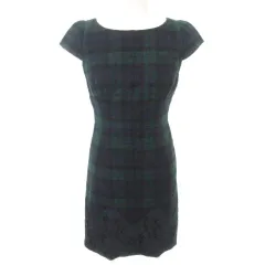 アプワイザーリッシェ Apuweiser-riche 美品 ウール混 ワンピース ひざ丈 フレンチスリーブ チェック レース 厚手 1 約Sサイズ 紺 ネイビー ■YHS8