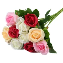 【新品】 造花 バラ ローズ花束 10本セット 薔薇 花束 バレンタインデー飾り 枯れない花 ロマンチック 造花ブーケ 花飾り アートフラワー 写真小道具 母の日 結婚式 誕生日 お祝い プレゼント 寝室 オフィス 装飾 (４色アソート) 0
