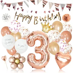【新品】 deerzon 3歳 ローズゴールド 誕生日 バルーン 飾り付け バースデー 飾り 数字 27点 セット 女の子 男の子 大きい 誕生日バルーン 風船 スタンダード 1
