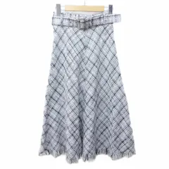 ザラ ZARA ツイード フレア ロングスカート チェック フリンジ ベルト付 XS 白黒 ホワイト ブラック 1129