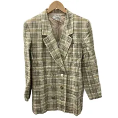 レリアン Leilian テーラードジャケット ダブル チェック柄 麻 リネン混 7 S ベージュ カーキ ■GY09