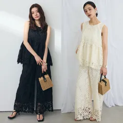 クロシェレースソフトペプラムトップス+クロシェレースセミワイドパンツ(2set) Frene フラーネ同型 2点セット セットアップ