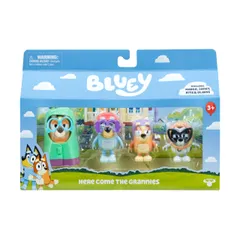 Bluey Figure 4-Pack Here Come The Grannies可動アーム&アクセサリー付きエピソードをテーマにしたフィギュア4体、2.5-3インチ(6-7.6cm)子供用ポーズ可能なおもちゃエピソードのおばあちゃんの瞬間を再現。 