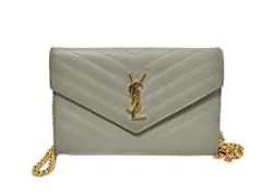 YVES SAINT LAURENT イヴサンローラン チェーンウォレット カサンドラ 393953 グレー系 レザー レディース Ｖステッチ ゴールド金具 YVES SAINT LAURENT イヴサンローラン チェーンウォレット カサンドラ