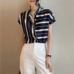 ブラウス レディース ストライプ ボーダー トップス 柄 半袖 かっこいい おしゃれ フレンチスリーブ OL オフィス ネイビー シフォン 韓国