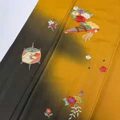 付下げ 刺繍 裄65.5 からし色 上品な加工 紋無し 正絹 着物 MK-7050