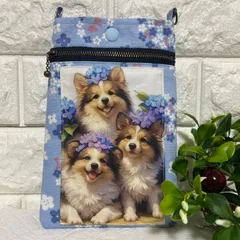 [477]紫陽花とシェルティちゃんスマホポーチ(チェーン持ち手付き)