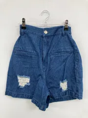 Kastane カスタネ デニムパンツ F ブルー ショート・ひざ上丈 無地 スタンダード ハイウエスト ウエストゴム・紐 クラッシュ・ダメージ