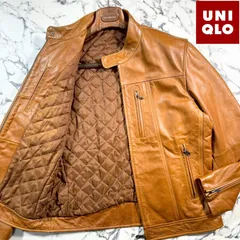 美品/OLD UNIQLO(L)●ユニクロ 牛革 シングル ライダース 裏地 キルティング ジャケット 茶 キャメル ブラウン メンズ