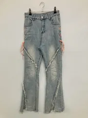 デニムパンツ ブルー フルレングス 無地 リボン ワイド・ルーズ フレア・ブーツカット レギュラー ヴィンテージ クラッシュ・ダメージ