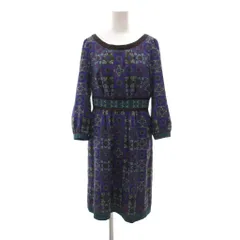 スーナウーナ Sunauna フレアワンピース 38 青 ブルー 紫 パープル 幾何学模様 ボートネック 七分袖 ひざ丈 /NU ■ECF004