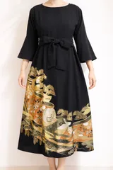 一点物 着物リメイク ロングワンピース ドレス 黒留袖 正絹 金彩 枝松鳳凰花文