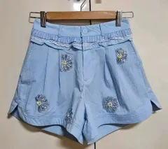花 刺繍 ハーフパンツ スカイブルー