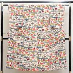 小紋 洗える着物 袷 身丈148cm 裄丈63cm ポリエステル Sランク XSサイズ バチ衿 インフォーマル 梅 笹 白に近いクリーム系 RP 1221-00681