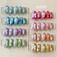 ネイルチップ　チェック柄ネイル　リボンネイル　春ネイル　フラワーネイル　推しネイル　付け爪　白　ブルー　青　水色　パープル　紫　グリーン　緑　イエロー　黄色　オレンジ　ピンク　推し活ネイル　付け爪