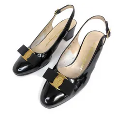 Salvatore Ferragamo フェラガモ パンプス 6C スリングバック ヴァラ エナメル サンダル 黒 3288