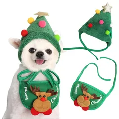 【2025年のクリスマスNEWスタイル】犬 小型犬 猫 ペット 服（帽子+よだれタオル2点セット）クリスマス 被り物 仮装 ドッグウェア 可愛い 飾り コスチューム パーティー 撮影道具 プレゼント アクセサリー コスプレキ服 変身 (M（4-7.5kg）/緑