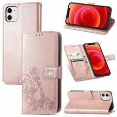 に適用するiPhone 13 mini 5.4インチ ケース 手帳型 ノートブック型携帯電話保護カバー多機能携帯電話ホルスター財布携帯電話ホルダーバンプパターンテクスチャ耐久性摩擦耐性携帯電話ケース男性と女性に適した多色オプション (四つ葉のクローバーローズゴ