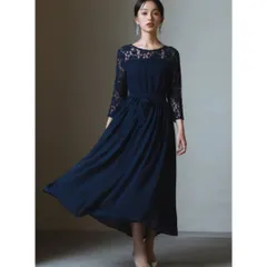DRESS PLUS フォーマル ワンピース パーティー ドレス ネイビー M レース シフォン Aライン 七分袖 ミモレ丈 花柄 切替 レディース 結婚式 二次会 お呼ばれ オケージョン 上品 きれいめ 裏地付 バックボタン 人気 美品良 春秋 華やか 清楚