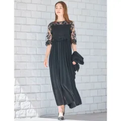 DRESS PLUS ワンピース ドレス レース プリーツ 結婚式 ブラック L パーティードレス 花柄 シアー袖 ミモレ丈 Aライン フレア 裏地付 ファスナー レディース 二次会 お呼ばれ オケージョン  きれいめ 人気 美品良 黒  春秋 華やか 高見え