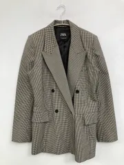 ZARA ザラ テーラードジャケット USA M ベージュ チェック柄 ミドル丈 フードなし ダブル