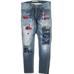 新品 e JEANS イージーンズ 日本製 STRETCH SLIM 岡山児島 襤褸パッチワークストレッチスリムデニムパンツ e801-028 0 Dark Blue ジップフライ チェック ジーンズ 定価59,500円 ボトムス g17375