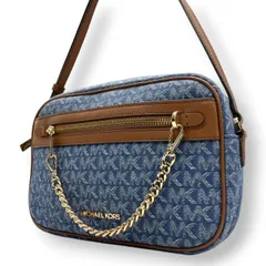 【美品】マイケルコース Michael Kors ショルダーバッグ 斜め掛け ポシェット カメラバッグ デニム調 キャンバス レザー ブルー インディゴ ブラウン 茶色 MKロゴ 総柄 ゴールド金具 チェーン 軽量 コンパクト レディース 鞄 カバン s68