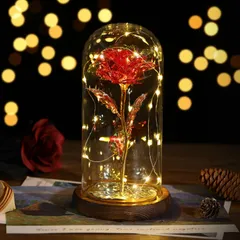 Lewondr バラ 造花 ガラスドーム 枯れない花 メッキローズ バレンタイン飾り 長持ち LEDライト付き 部屋飾り インテリア 引越しバラ/母の日/記念日/誕生日/入学/卒業/お祝い/お見舞い/お礼/彼女 クリスマス 飾り クリスマスライト ボックス付き