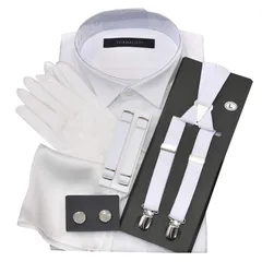 【新品】 ウイングカラーシャツ 立ち襟 フォーマル小物 6点セット シングルカフス 新郎 父 モーニング タキシード 結婚式 披露宴 卒業式 始業式 チーフ（ホワイトプレーン） カフスボタン白 サスペンダー白 アームバンド白 首47cm ゆき丈90cm 1