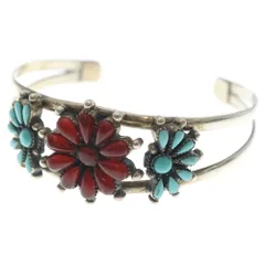 INDIAN JEWELRY (インディアンジュエリー) フラワーモチーフ 赤珊瑚 ターコイズ バングル シルバー