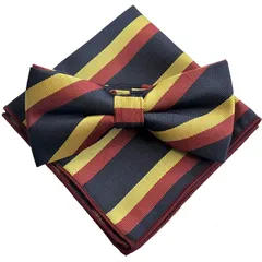 【新品】 3色ストライプ ボルドー × マスタード × ネイビー【蝶ネクタイ＆ポケットチーフ】 ２点セット リボン メンズ ワンタッチ セットアップ フォーマル 柄 カジュアル ドイツカラー 1