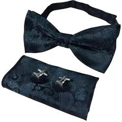 【新品】 [RENASYS] 蝶ネクタイ ポケットチーフ カフスボタン 3点セット ペイズリー柄 ボウタイ タキシード 結婚式 パーティー (ブラック) 0