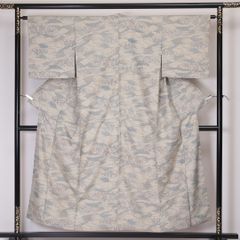 未着用品】単衣 小千谷紬 玉糸手引き真綿 ベージュ色 先練り糸くびり