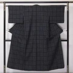 ウールの紬 単衣 身丈149cm 裄丈62cm ウール 洗える着物 Sランク カジュアル 広衿 XSサイズ 格子 レトロ 落ち着き 紺系 HP 1223-03444