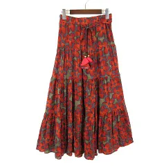 スカート フレア 花柄 ティアード シアー シフォン ロング マキシ ウエストリボン フラワー装飾 M 赤 レッド カーキ グレー 美品