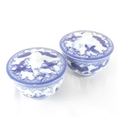 良品『USED』 鍋島焼 唐子柄 ふた付き 湯呑 2客 食器 磁器 ホワイト×ブルー