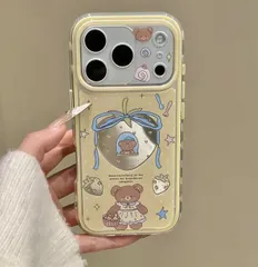 ミラー仕様 蝶結び・いちご・くま サイドデザイン iPhoneケース iPhone17 / 16 Pro Max / 16 / 15 / 14 / 13 対応 かわいい スマホケース 保護カバー