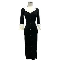 ロイヤルパーティー ROYAL PARTY ワンピース Vネック リブ タイト ロング丈 七分袖 F 黒 ブラック 白 ホワイト