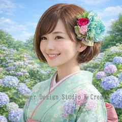 ピオニーのヘアクリップ　ゴールド　リボン　青緑　ピオニー　発表会　お花のヘアクリップ　浴衣　卒業式　ヘアクリップ　ミント